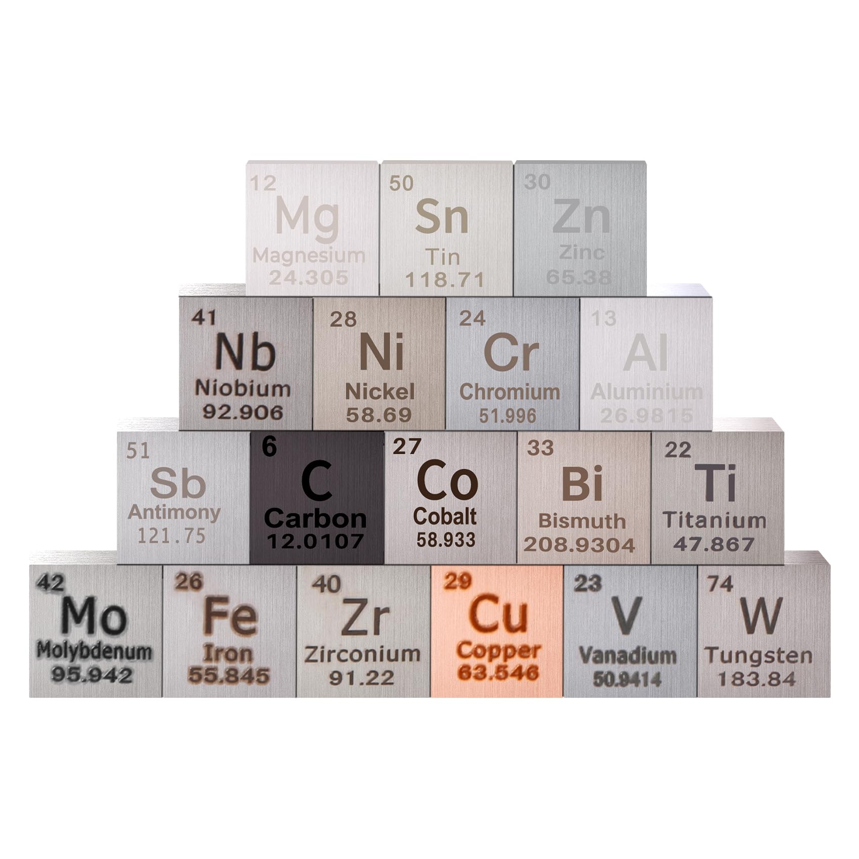 Set di 18 cubi di elementi metallici a densità per una tavola periodica degli elementi