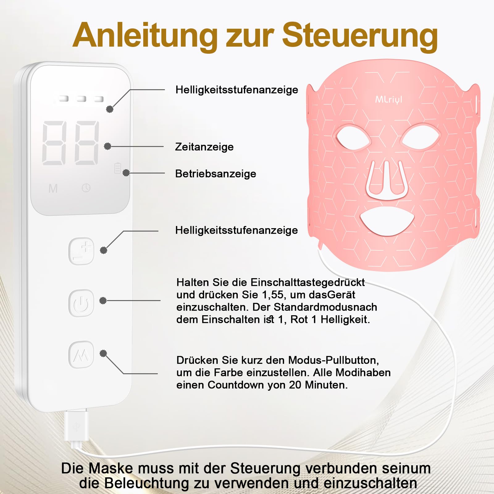 Rotlicht Maske Gesicht 850nm Nahinfrarotlicht 7 Modi Anti Falten | 108 LEDs mit 324 Chips erzeugen eine gleichmäßige Lichtverteilung, 3 Einstellbare Helligkeitsstufen für Anti-Aging