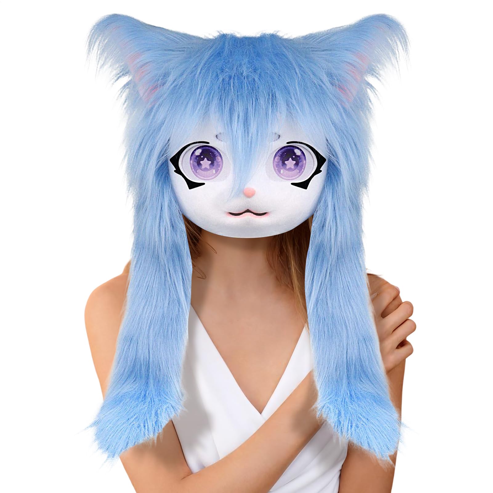 Furry Head - Maska zwierzęcia kota do realistycznego wyglądu kostiumów, akcesoria cosplay z teatrem i na imprezę, maskarada i rekwizyt na Halloween na konwencje anime, imprezy kostiumowe, 23,62