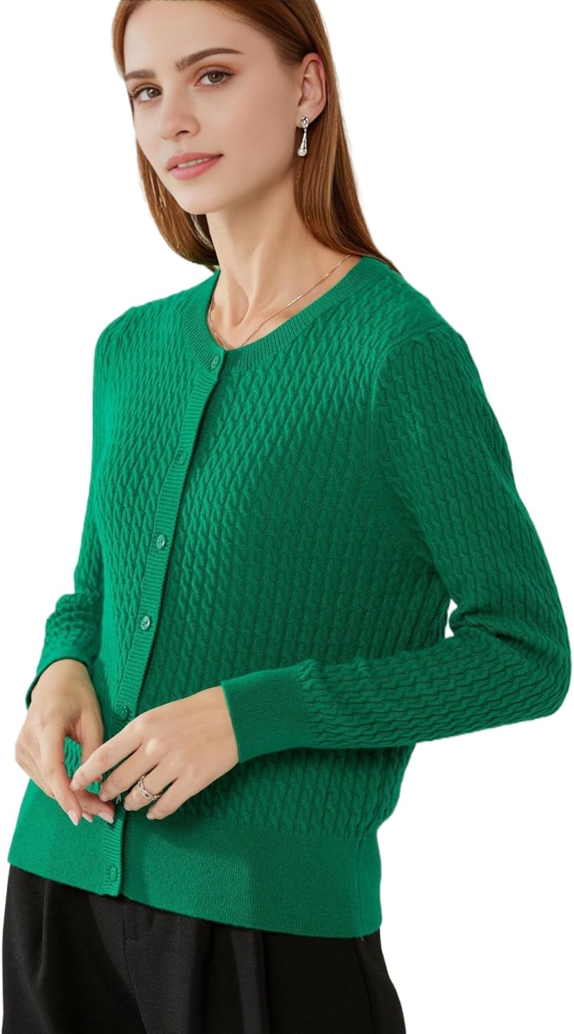 100% Cashmere Women's Cable Knit Cardigan Sweaters for Women Long Sleeve Crew Neck Warm Button Down