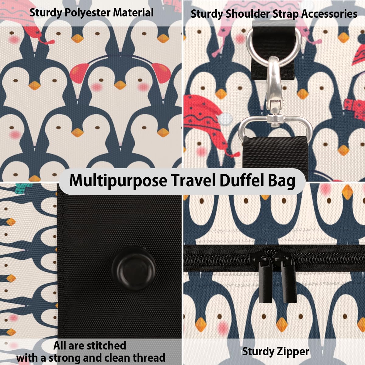 Hand Drawn Penguin Travel Duffel Bag for Women Men Large Capacity Overnight Weekender Bags for Lightweight Waterproof Sport Gym Bag for Workout Yoga Swim