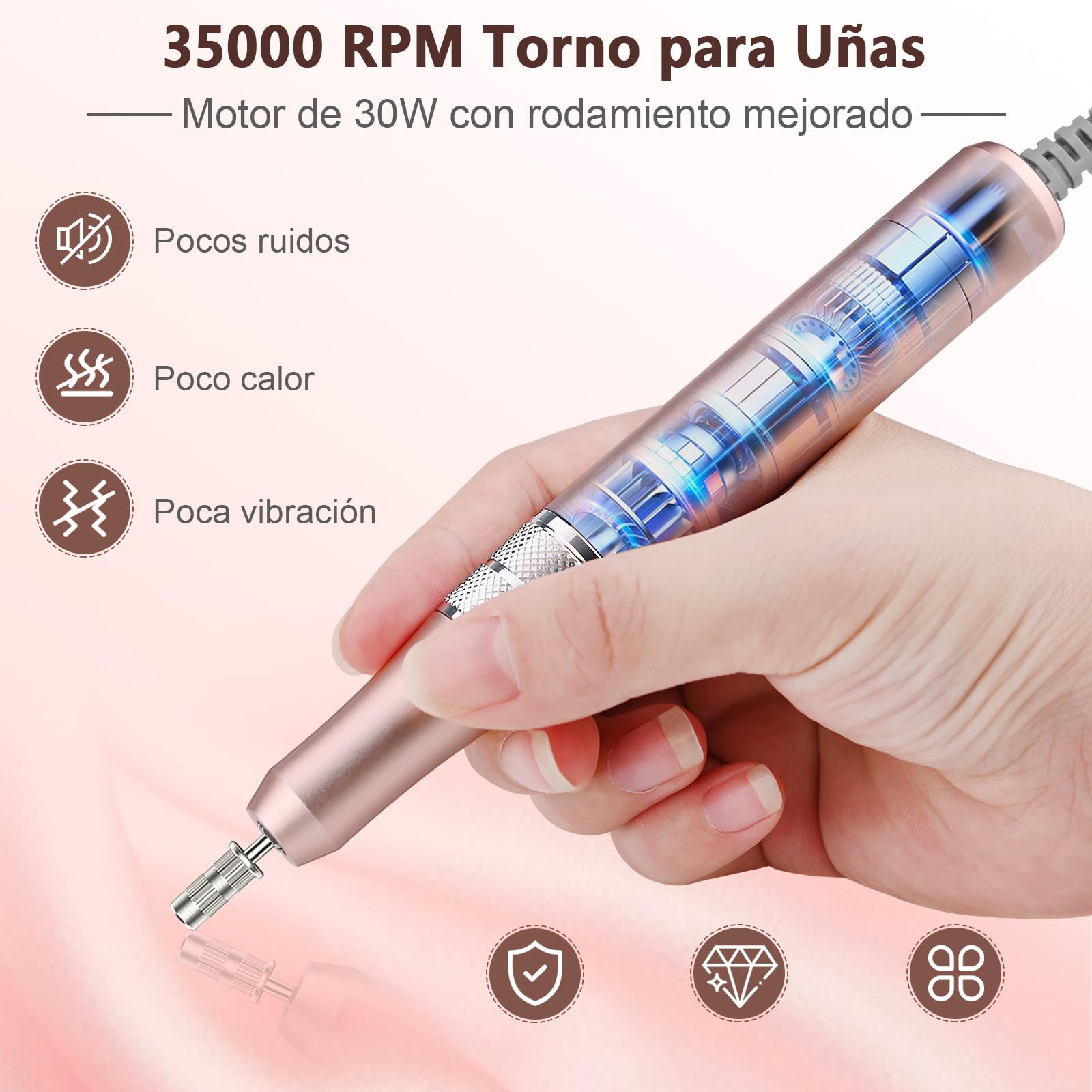 Torno para Uñas Profesional 35000 RPM, Pulidor Uñas, Lima Electrica, Nail Drill, Set Manicura y Pedicura Electrico, Kit 11 Fresas Brocas, LED Tátil, Quitar Acrílico Gel/Esmalte/Callos, Rosas