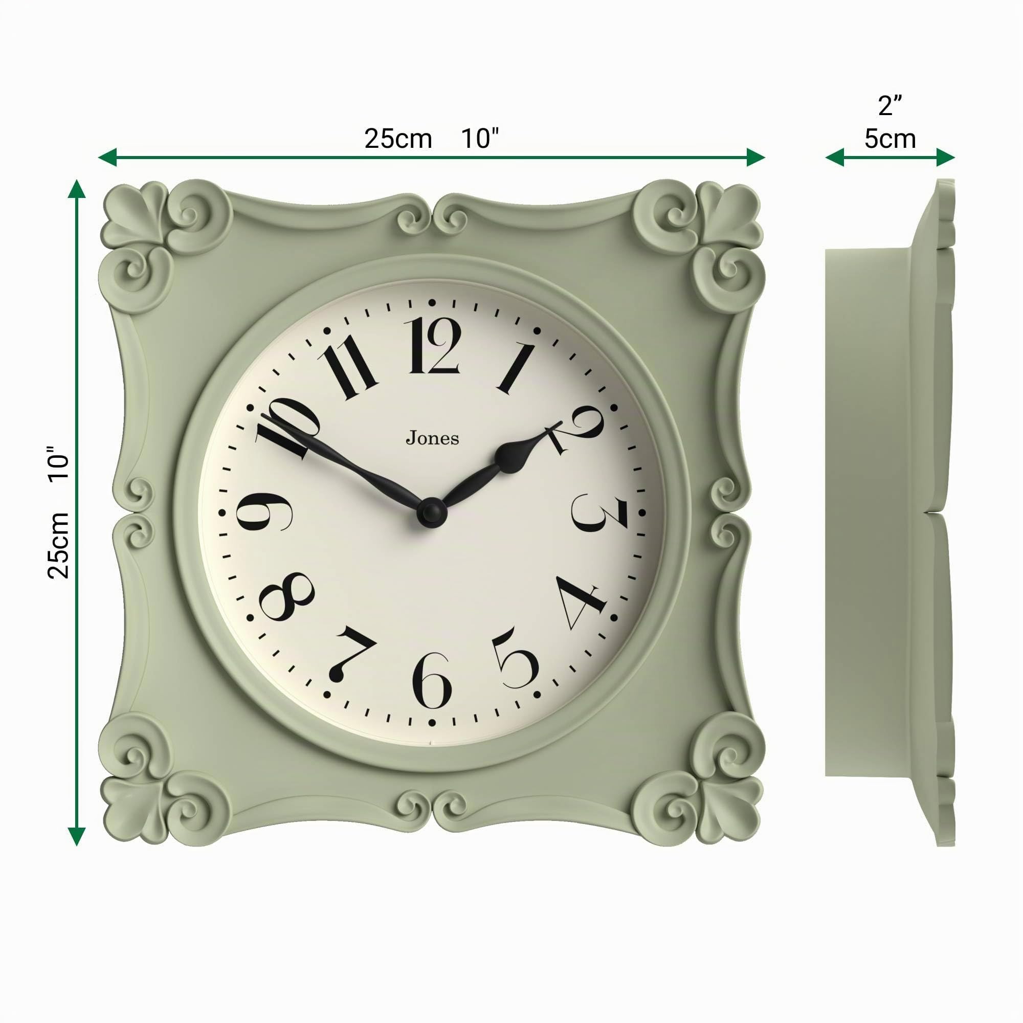 JONES CLOCKS® Rialto Wanduhr | Verzierte quadratische Uhr im Vintage-Stil | 25 cm | Salbeigrün | Ideal für Wohnzimmer oder Schlafzimmer