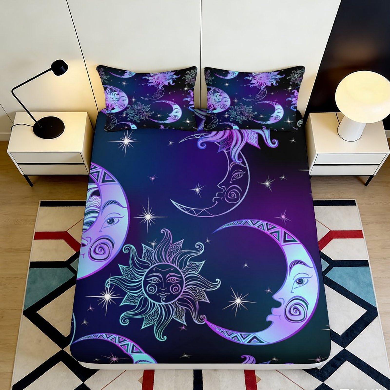 3D Printed Celestial Moon and Sun Fitted Sheet Microfiber Soft Durable Cosmic Stars Mattress Cover for Bedroom Dormitory Guest Room Protection 180x200x25cm