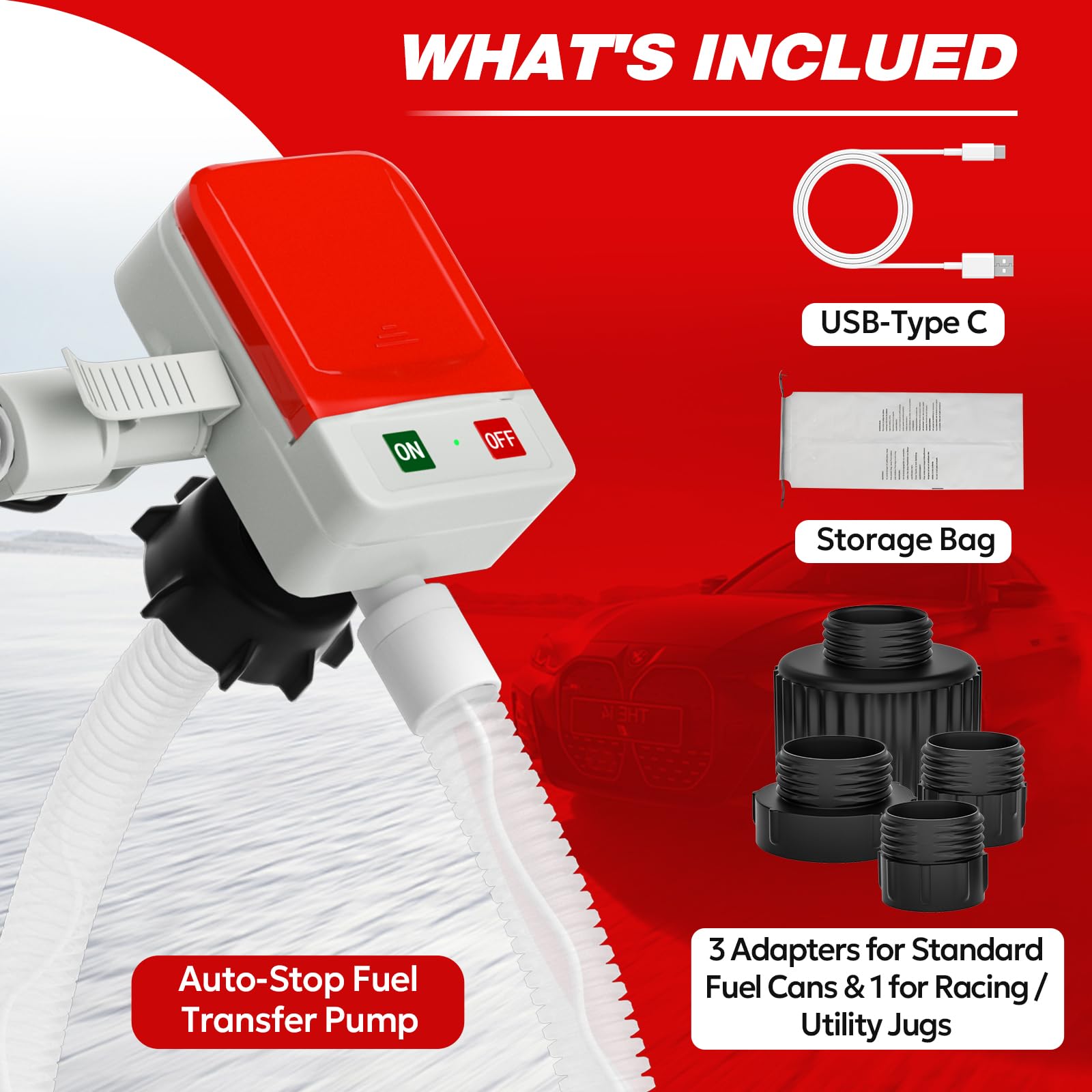 KEIMI Portable Fuel Transfer Pump with Auto-Stop, 3.2 Gallon per Min, 51" Extra Long Hose, Battery & USB Powered, 4 Can Adapters, Leak-proof Gas Pump for Oil, Diesel and Gasoline - 3