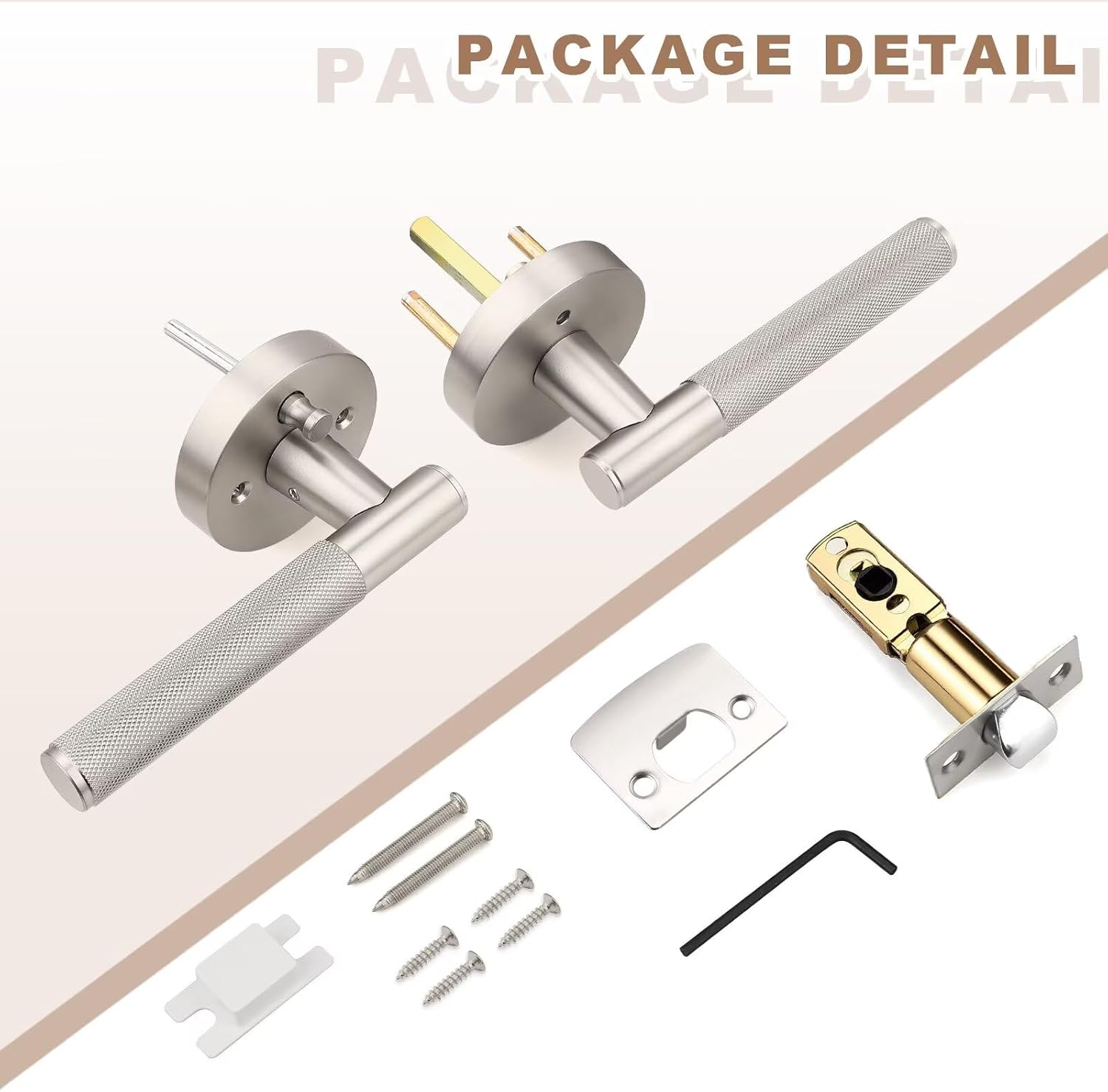 Brushed Nickel Door Handles Interior with Lock, 4 Pack Satin Nickel Keyless Privacy Door Lever, Sliver Knurled Reversible Handle for Bed and Bath