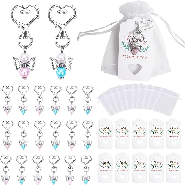 Wit & Work 20 Set Guardian Angel Pendant Keychain, Including 20 Organza Bags, 20 White Cardboards, 10 Pink Pendants and 10 Blue Pendants with Heart Keyring, Guest Gift For Wedding, Christmas and Party