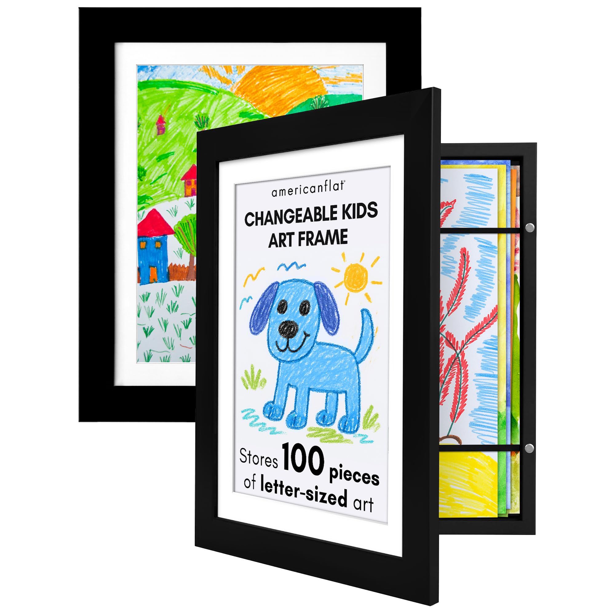 Kids Artwork Frame Changeable (Black) - Magnetic Door Holds 100 Art Pieces - 8.5x11 Letter Size Display with Mat or 10x12.5 Without Mat - My Mini Masterpiece (Set of 2)
