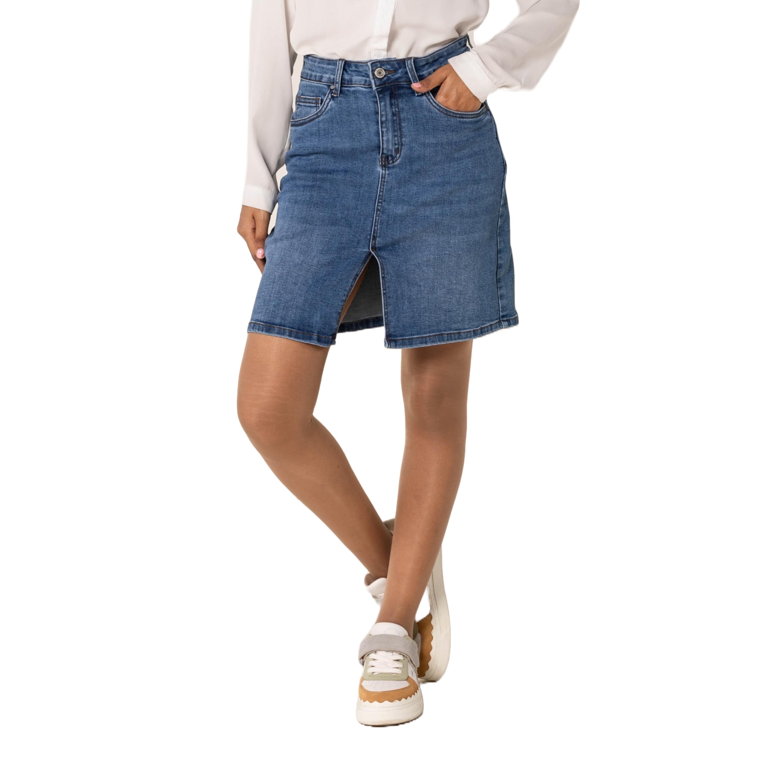 Nina Carter P213 Falda vaquera corta para mujer, con abertura frontal, cremallera elástica, aspecto desgastado