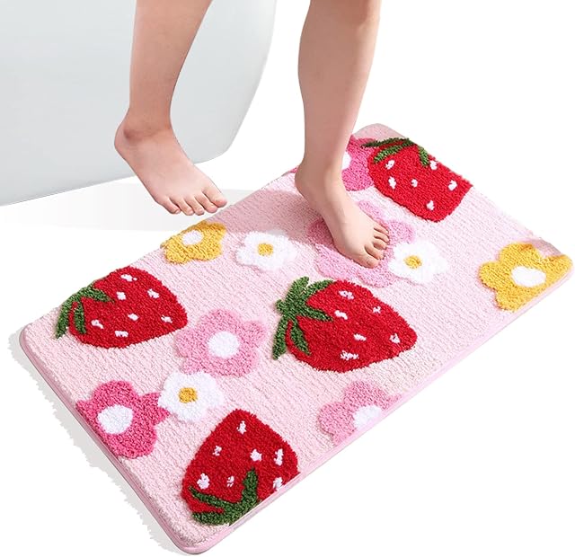 Mislaxy Strawberry Bath Mat Bathroom Rugs Non-Slip Doormat Absorbent Bath Shower Mat Carpet Flocked for Bedroom Bathroom Home Decor Floor Mats (Pink, 45x65cm)