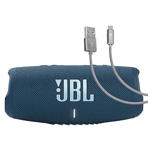 JBL Charge 5 Blue Bundle with Case Logic Braided USB Type-C Charge Sync 6 feet Gray