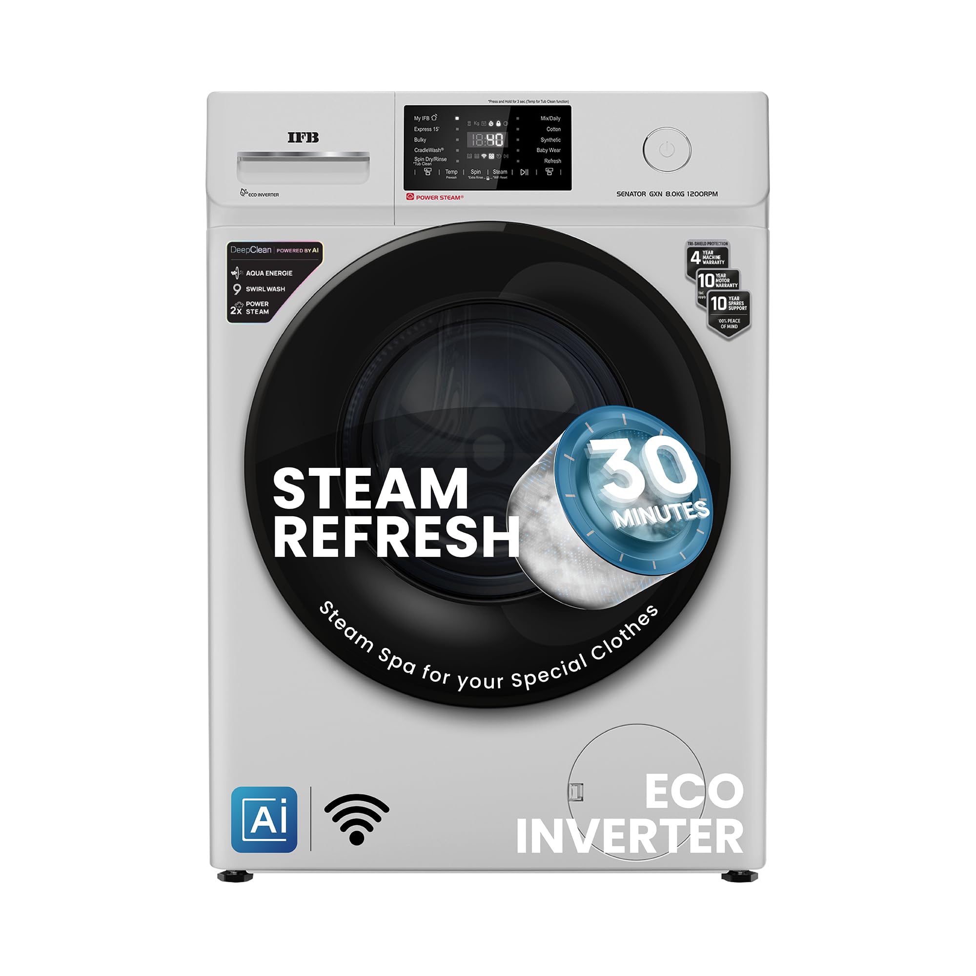 IFB 8 Kg 5 Star Powered by AI with 9 Swirl Wash, WiFi, Fully Automatic Front Load Washing Machine (Senator GXN 8012, Steam Refresh Program with Eco Inverter, Grey)