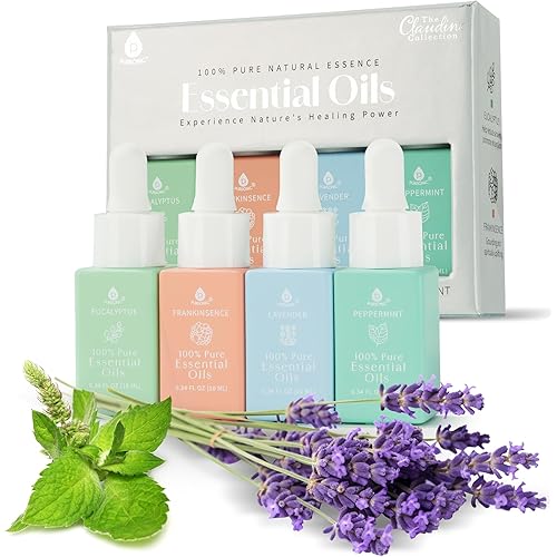 Pursonic Essential Oils Set - Top 4 Aromatherapy Oils - 100% Pure for Diffusers, Home, Massage & Bath - Eucalyptus, Frankincense, Lavender, Peppermint