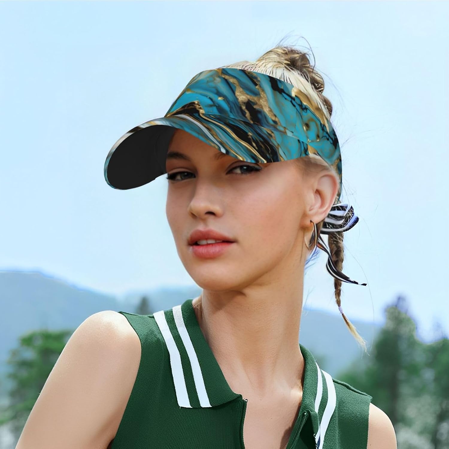 Turquoise Blue Gold Marble Print Foldable Sun Visor Hat Lightweight Adjustable Sun Visor Hat Outdoor Sports Cap for Adults