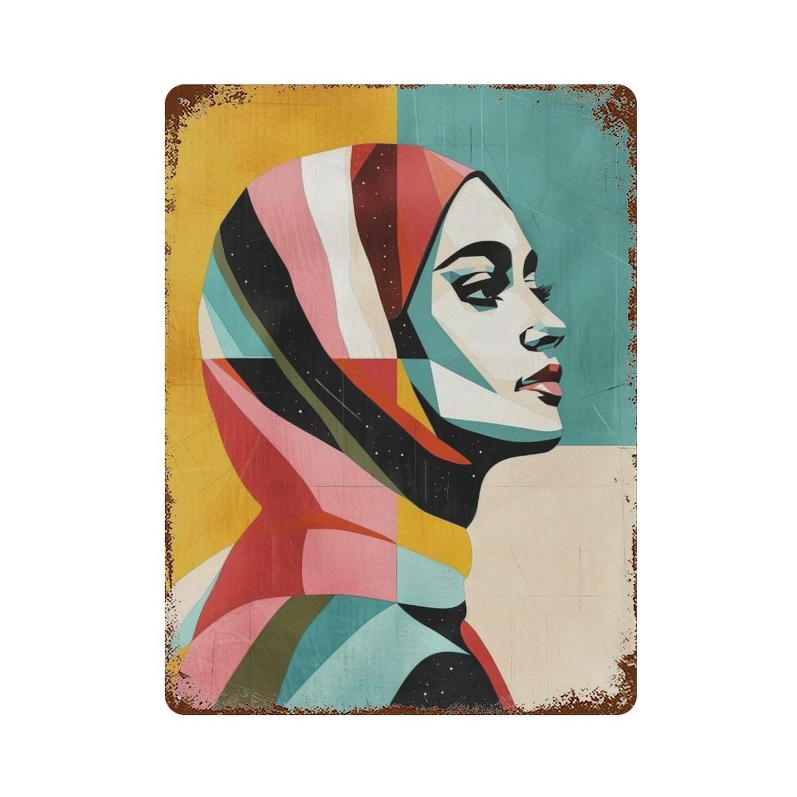 MGHTGRWE Cubist Pastel Patchwork Female Visage 01 Poster Wall Art Iron Vintage Metal Tin Sign Modern Home Cofffee Club Art Bar Shop Decor 40x30cm