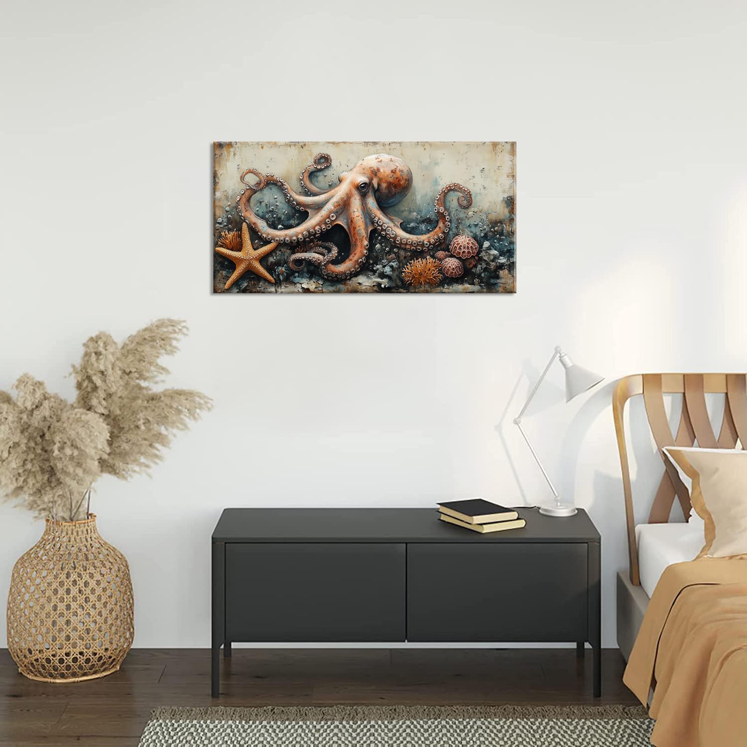 Retro Octopus Wall Art for Bedroom Canvas Painting Prints Vintage Rustic Sea Animal Rusty Marine Life Brown Modern Artwork Office Farmhouse Decor