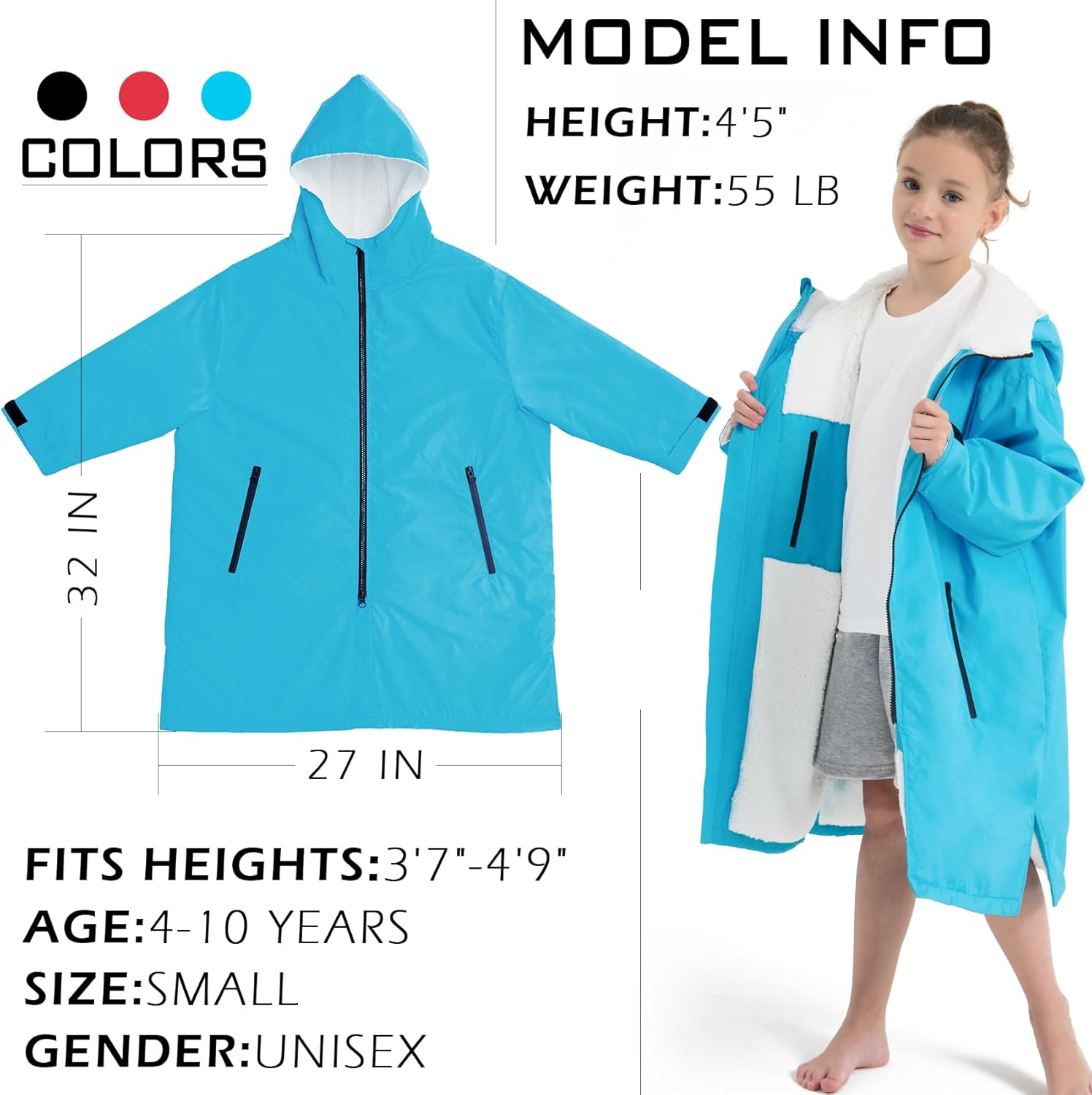 Swim Parka Kids Windproof Sherpa-Lined Unisex Parka Quick-dry Robe Coat for Kids Youth,Oversize Swimming Warm Jacket - Image 2