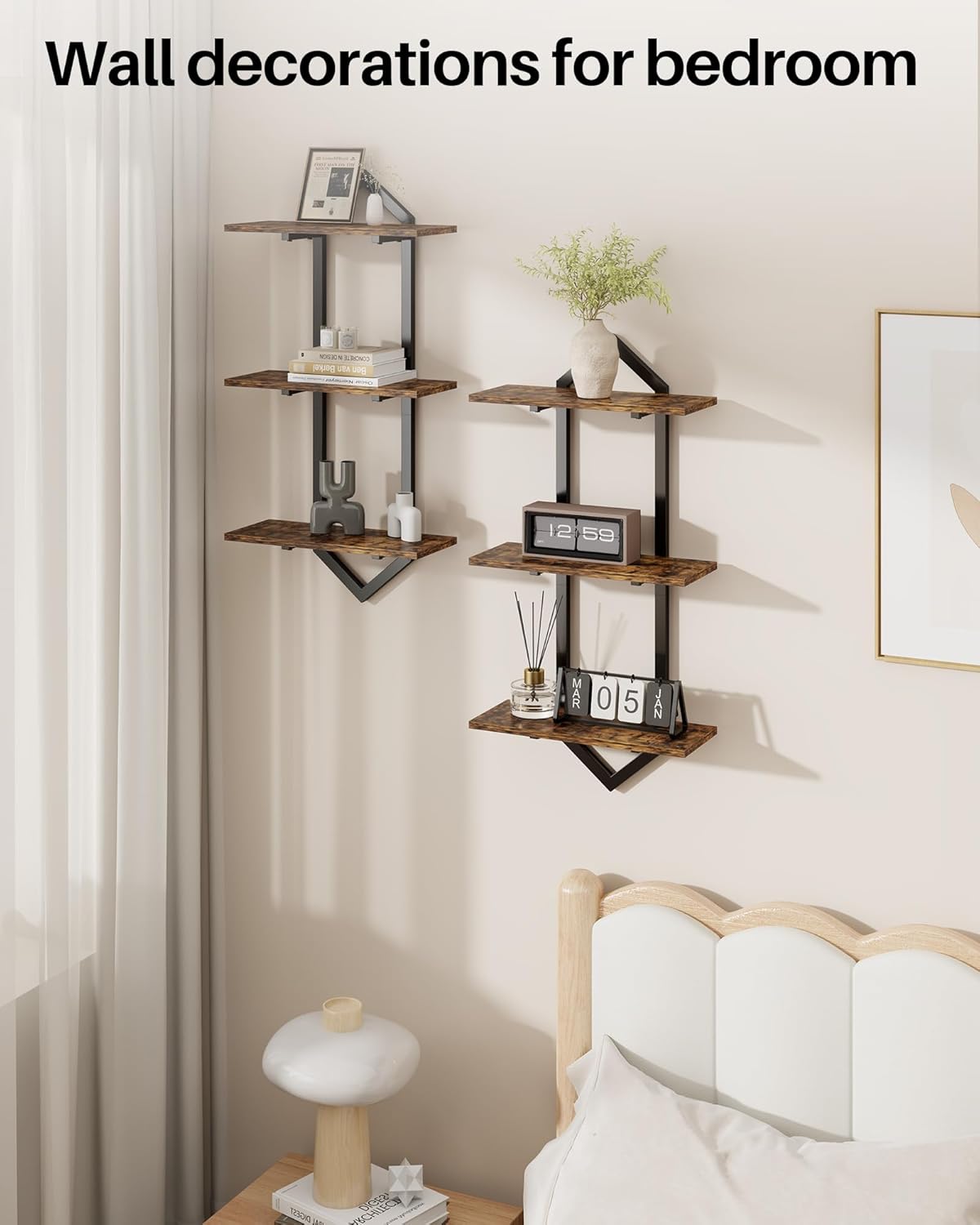 3 Tier Floating Shelves, Set of 2 Wall Shelves for Living Room, Modern Geometric Wooden Shelf for Wall Decor, Hanging Storage Shelf for Bedroom Bathroom Kitchen Home Office (Rustic Brown)