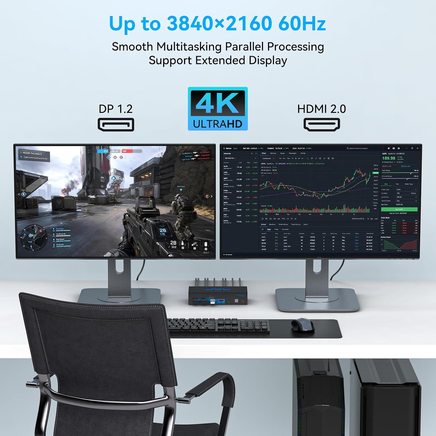 KVM Switch 2 Monitors 2 Computers HDMI DisplayPort 4K@60Hz, Dual Monitor KVM Switches with 4 USB 3.0 Ports, Support Extended/Copy Mode, Desktop Controller and 12V DC Power Adapter Included