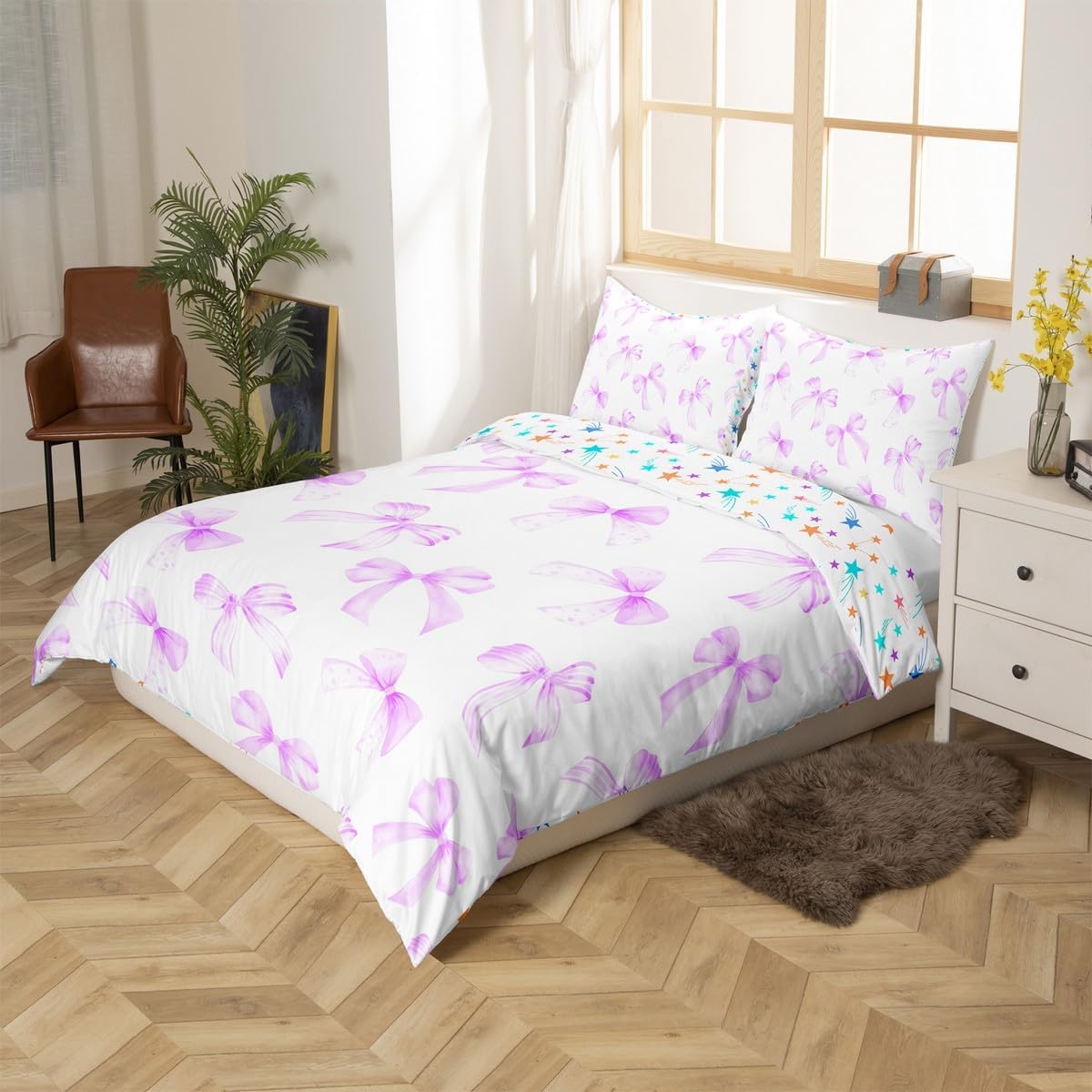 Feelyou Kawaii Purple Bow Duvet Cover King Size Cute Dreamy Princess Style Bedding Set Cute Coquette Bow Knot Comforter Cover Elegant Bedroom Decor 3Pcs Girly No Comforter with 2 Pillowcases
