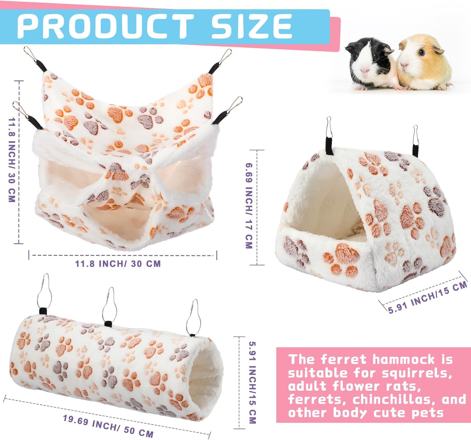 Abbylike 9 Pieces Rat Hammock 3 Tier Guinea Pig Ferret Hammocks Small Pet Hanging Tunnel Glider Toy Guinea Pig Ferret Hideout Bed Cage Accessories for Hamster(Light Brown, White, Black,Paw) 1 71BPoe+JeOL. AC SL1500