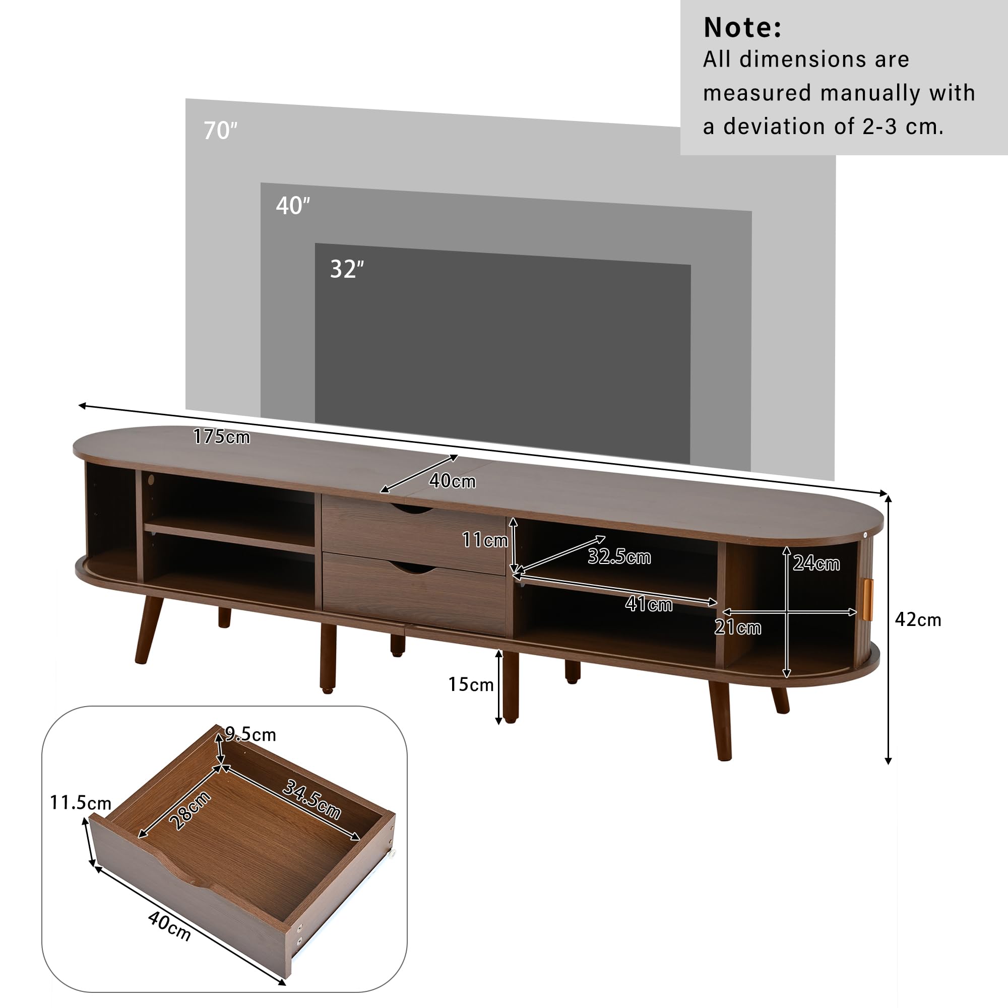 Armario de TV de salón con espacio de almacenamiento y tablero redondo de madera de densidad media con 2 cajones, apto para 175 x 40 x 42 cm