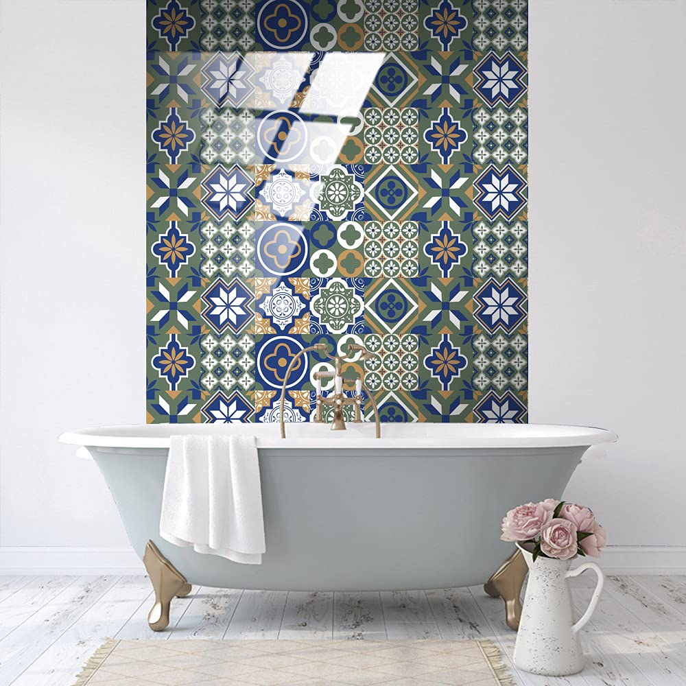 Hiseng 30 Pezzi Adesivi per Piastrelle per Mobili e Pareti, Hiser Boemia Monaco Stile Mosaico Impermeabile Adesivo da Parete Autoadesive Rotoli Carta per Cucina Bagno Casa (Blu Vintage,10x10cm