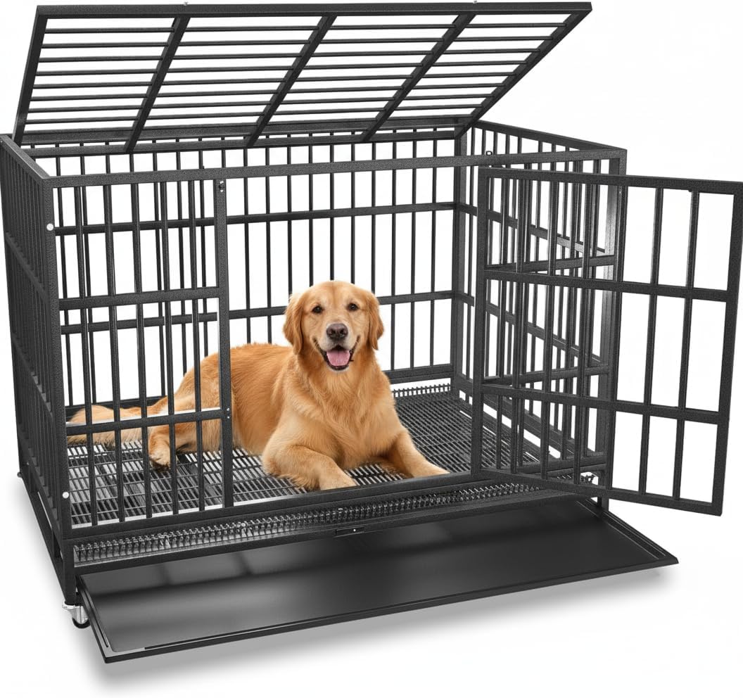 54/48/42/38 Inch Heavy Duty Dog Crate Cage with Wheels, Indestructible and Escape Proof Steel Kennel Indoor for High Anxiety Dogs with Sturdy Locks, Double Door and Tray, Extra Large XL XXL