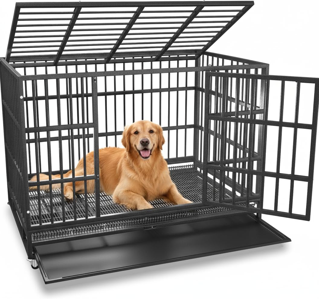 54/48/42/38 Inch Heavy Duty Dog Crate Cage with Wheels, Indestructible and Escape Proof Steel Kennel Indoor for High Anxiety Dogs with Sturdy Locks, Double Door and Tray, Extra Large XL XXL