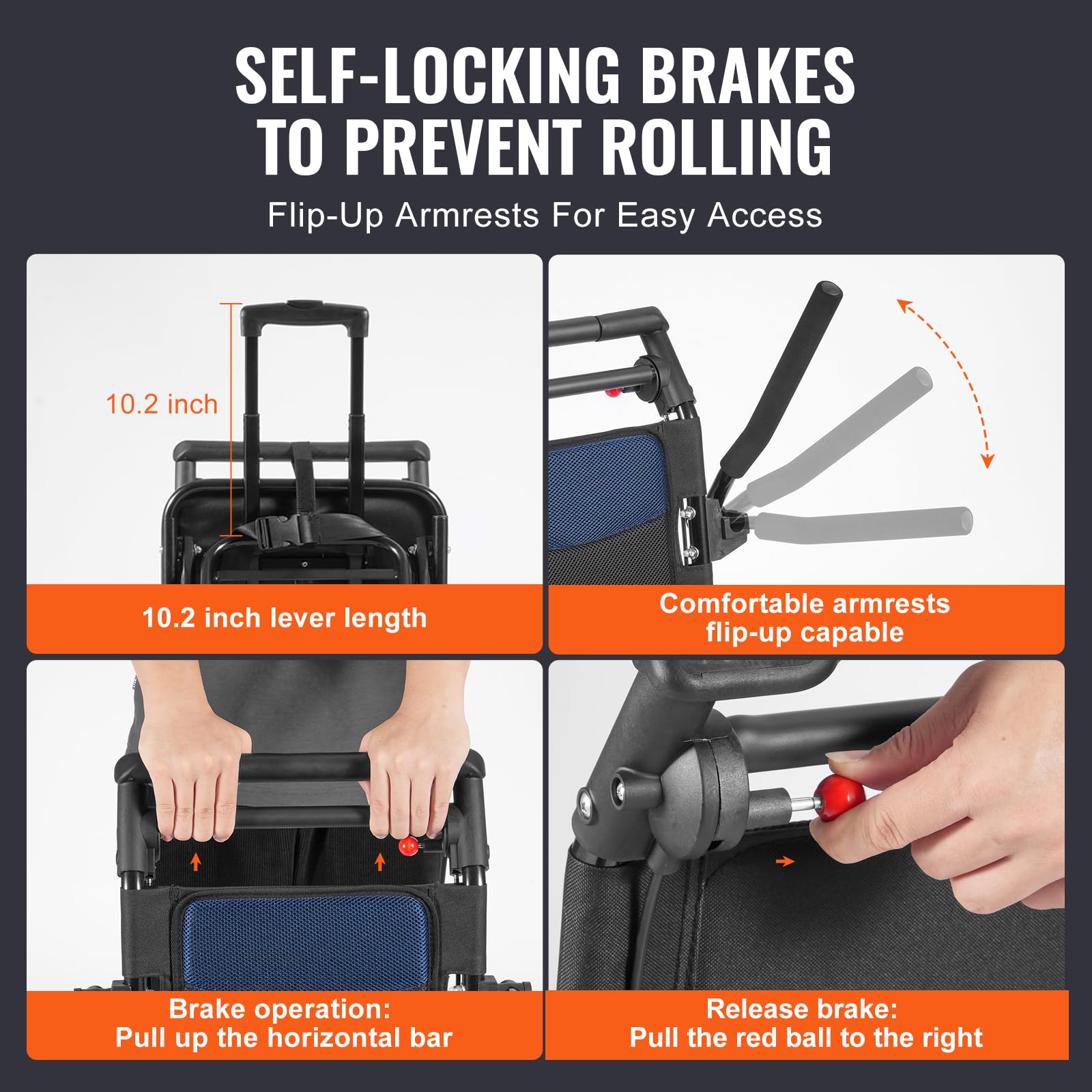 VEVOR Silla de Ruedas plegable de Transporte Ultraligera de Aleación de Aluminio para Adultos, con Brazos Abatibles hasta el Largo del Escritorio, Freno Autoblocante, 875 x 480 x 892 mm, Negro + Azul