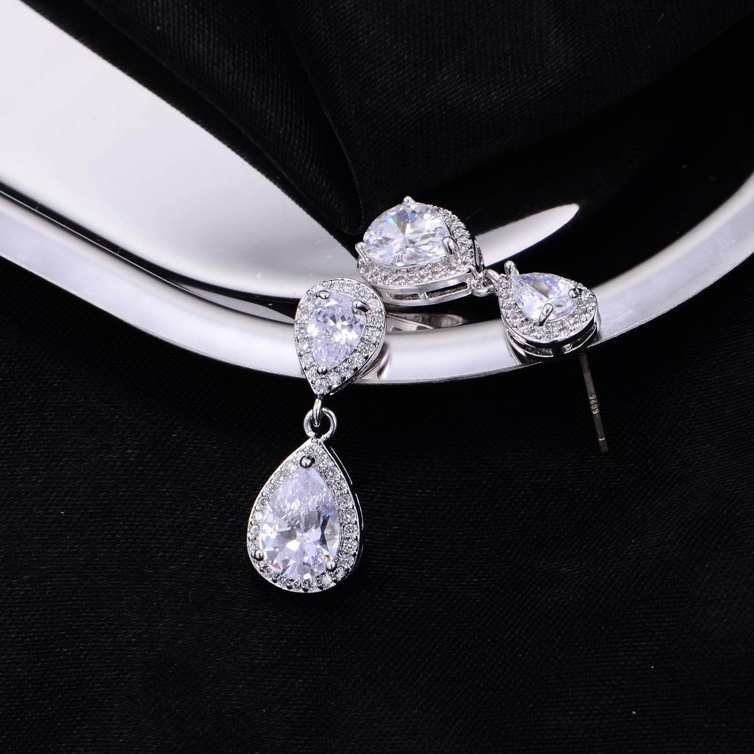 Pave Teardrop Earrings for Wedding Sterling Silver Double Pear Shaped CZ Cubic Zirconia Crystal Rhinestone Birthstone Dangle Earrings Bridal Jewelry for Bride Bridesmaids - Image 3