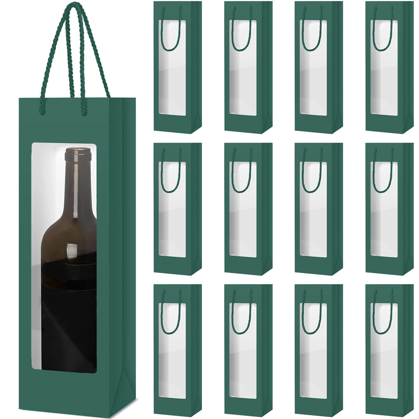 MOMAHUA 12 Pack Wine Bottle Gift Bags with Window,Green Bottle Bags for Wine,Kraft Paper Wine Bottle Bag,New Year Xmas Wine Tote Bag for Red Wine Whiskey Champagne Gifts Wrapping,Wedding,Christmas