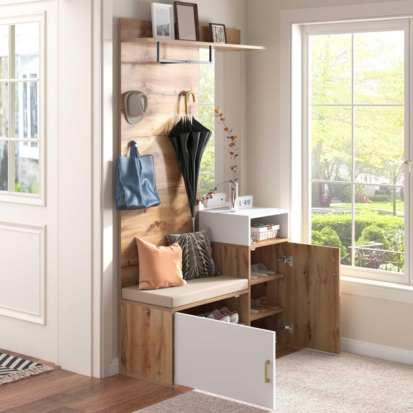 YEHTOKHOME Ensemble d'armoires,Armoire multifonctionnelle avec Miroir,Meuble à Chaussures et portemanteau Mural,Meuble d'entrée avec Banc et patères (Blanc)