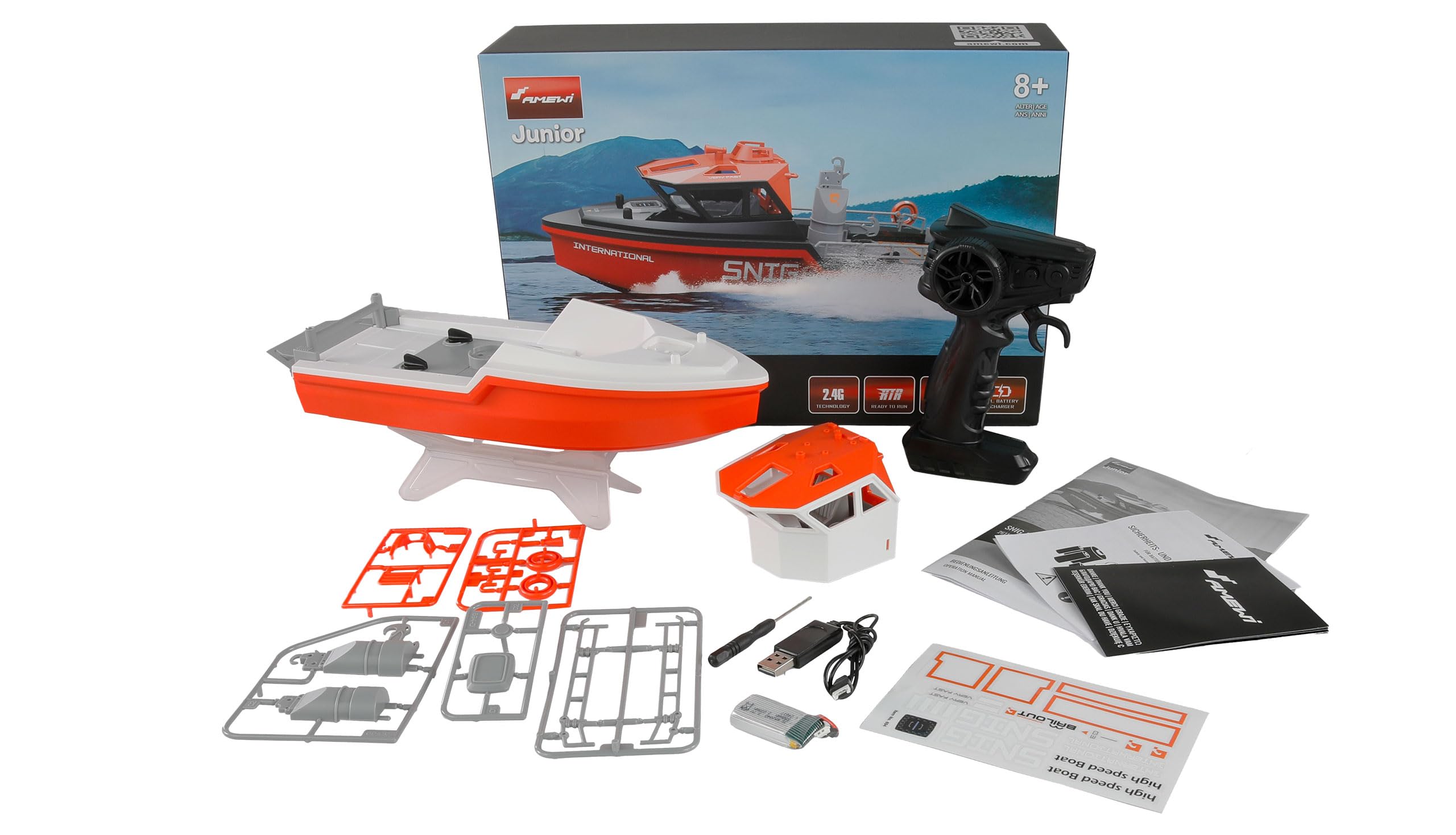 Amewi Barco Salvavidas RC sin escobillas, 320 mm, RTR Blanco/Naranja, teledirigido, niño a Partir de 8 años