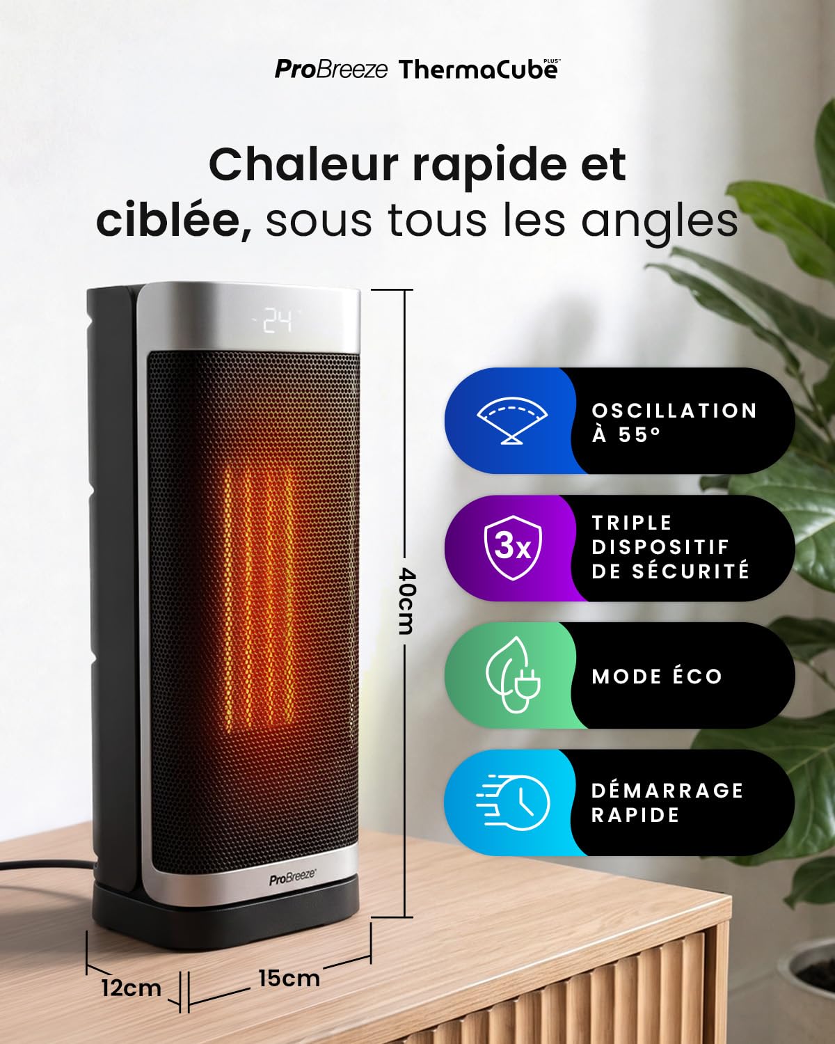Pro Breeze Thermacube Chauffage d'Appoint 2000W Céramique Soufflant Oscillant - Radiateur Électrique Mobile avec Mode Ventilateur, Thermostat Éco, Télécommande et Écran Tactile pour Chambre