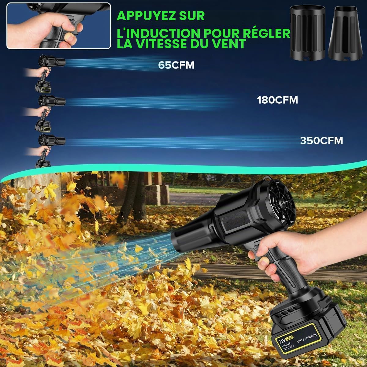 Souffleur turbo 3000W - Souffleur de feuilles électrique à batterie avec 2 batteries, moteur sans balais 30 000 tr/min, souffleur électrique à poussière/air pour feuilles, neige et poussière - réglage