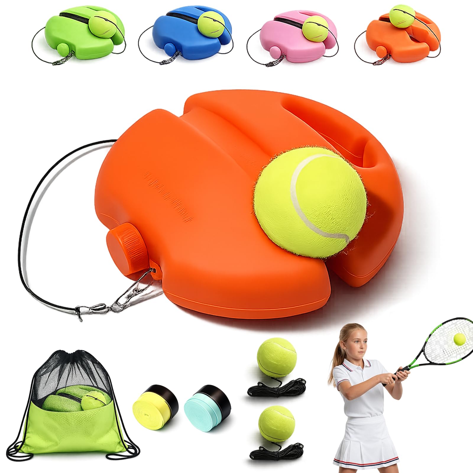 2026 New Tennis Ball Training Baseboard - Solo Tennis Trainer Rebound Ball with Anti-Tangle String & Weighted Anti-Slide Base, Portable Practice Equipment for Adults, Beginners (Orange,1Set + 2Ball)