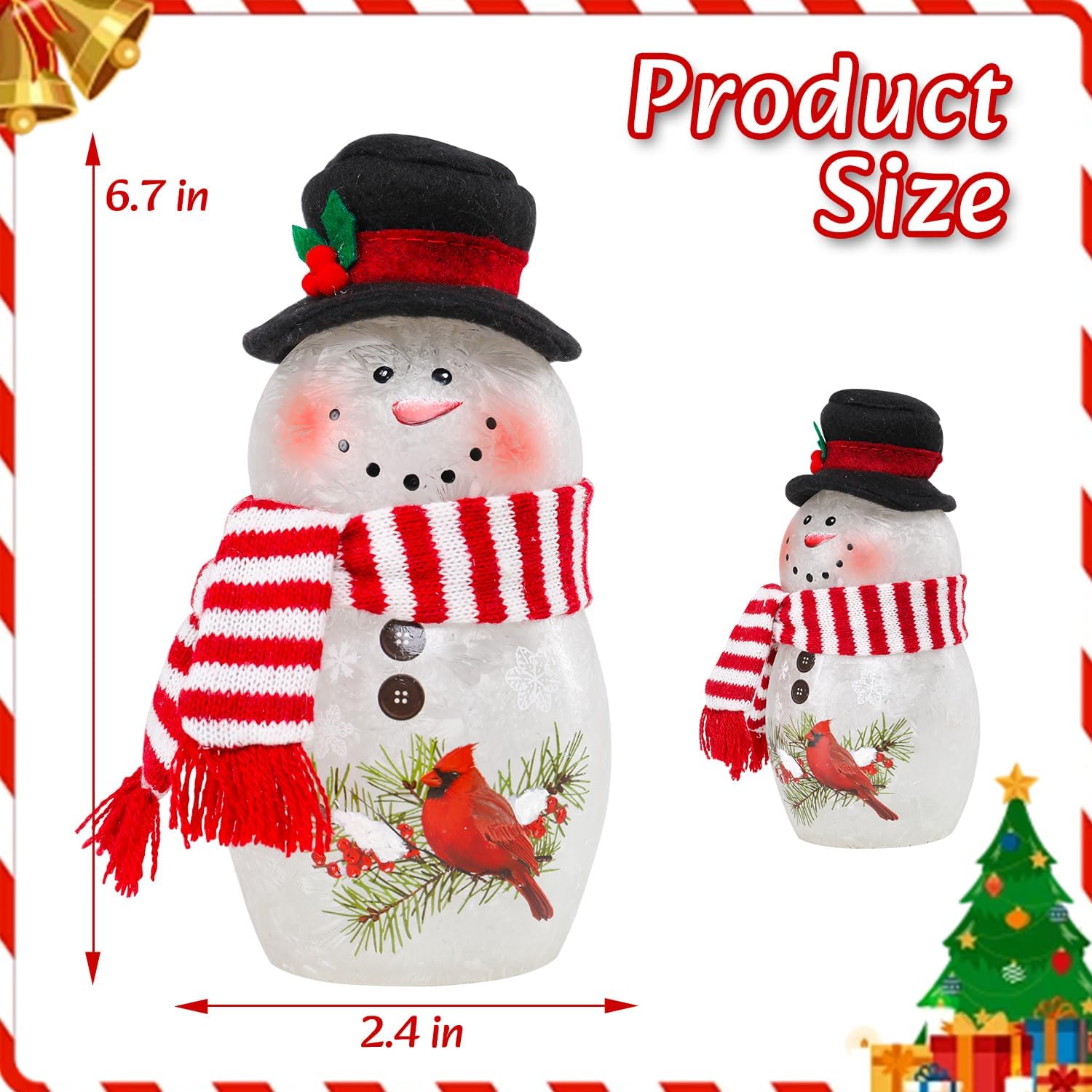 Afirst Lighted Christmas Snowman Decoration, 12 inch Crackle Glass Figurine, Pre-Lit Holiday Table Lamp with Cardinal Design