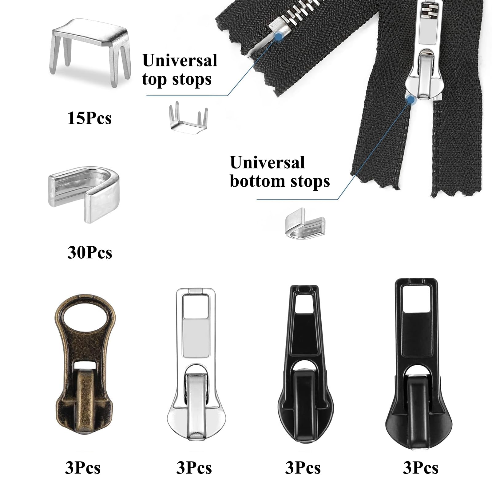 wimony 57 Pcs Metal Zipper Replacement Repair Kit,Universal Zipper Pulls with Top and Bottom Stoppers,Black/Silver/Copper Zips Fix Slider Kit for Coats Jacket,Luggage,Backpacks - Image 2