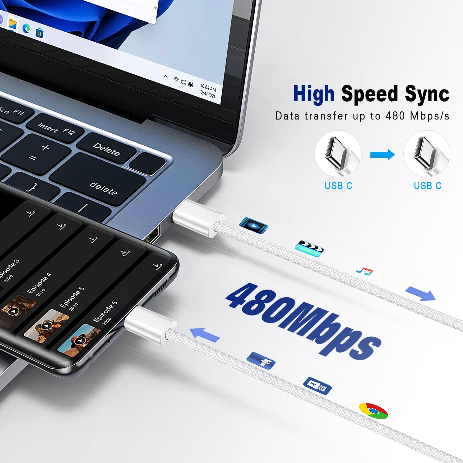 Cable de carga USB C a C, paquete de 2 cables USB C de carga rápida de 10 pies y 60 W, cable trenzado tipo C para iPhone 17/17 Air/16/15 Series (Pro/Max/Plus), iPad Pro 2020, iPad Air 4, Samsung