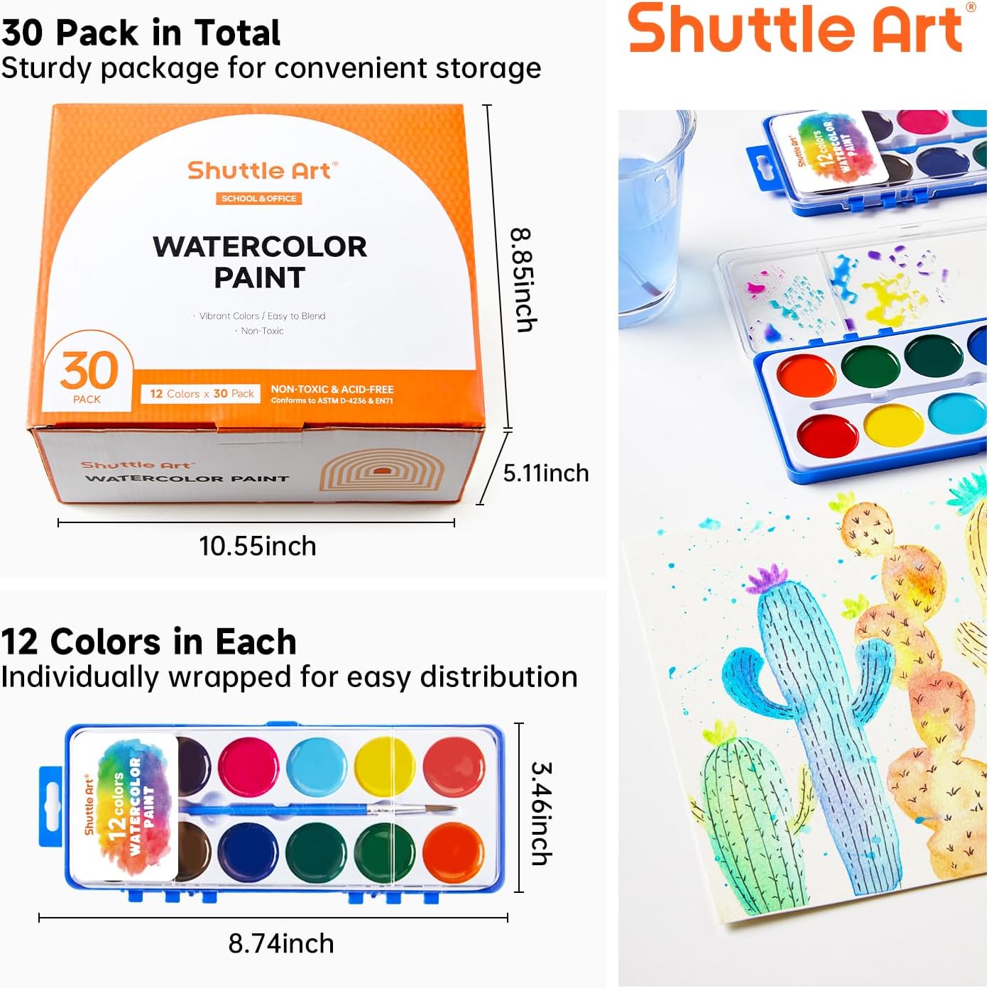 Shuttle Art 30 Pack Watercolor Paint Set Bulk, 12 Colors Watercolor Paint Set bulk with Paint Brushes for Kids and Adults, Washable Paint for Classroom, Parties, Kindergarten and Art Activities