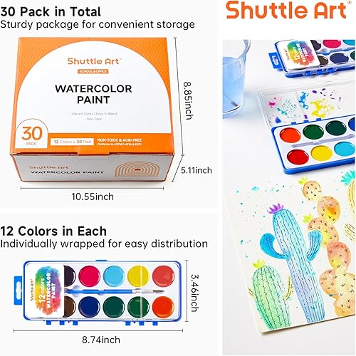Miniatura 8 de Shuttle Art Paquete de 30 pinturas de acuarela a granel, juego de pintura de acuarela de 12 colores a granel con pinceles de pintura para niños y