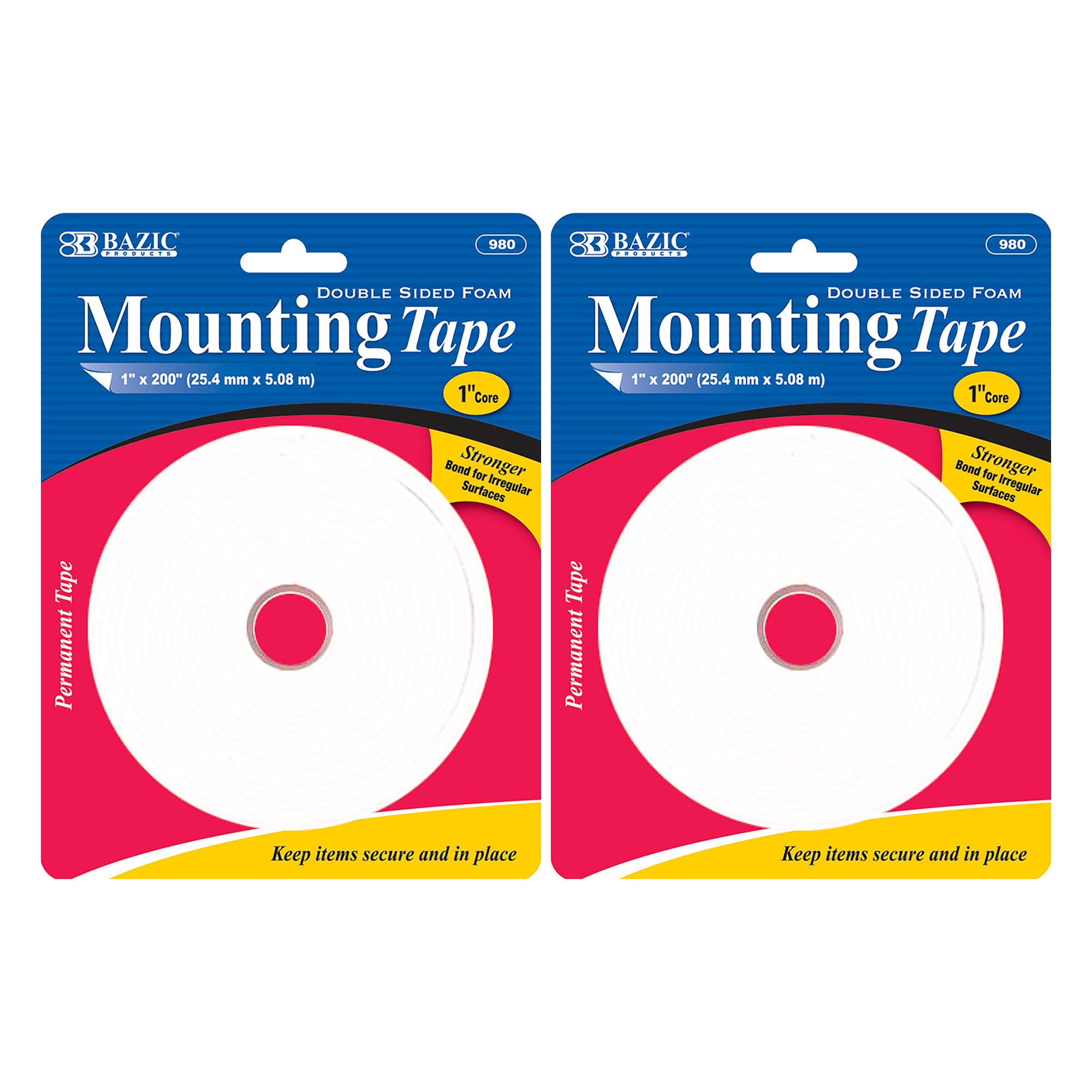 BAZIC Products Double Sided Foam Mounting Tape 1" X 200", EVA Foam Solvent Based Adhesive for Art Crafts Card Making Projects Frame, 2-Pack