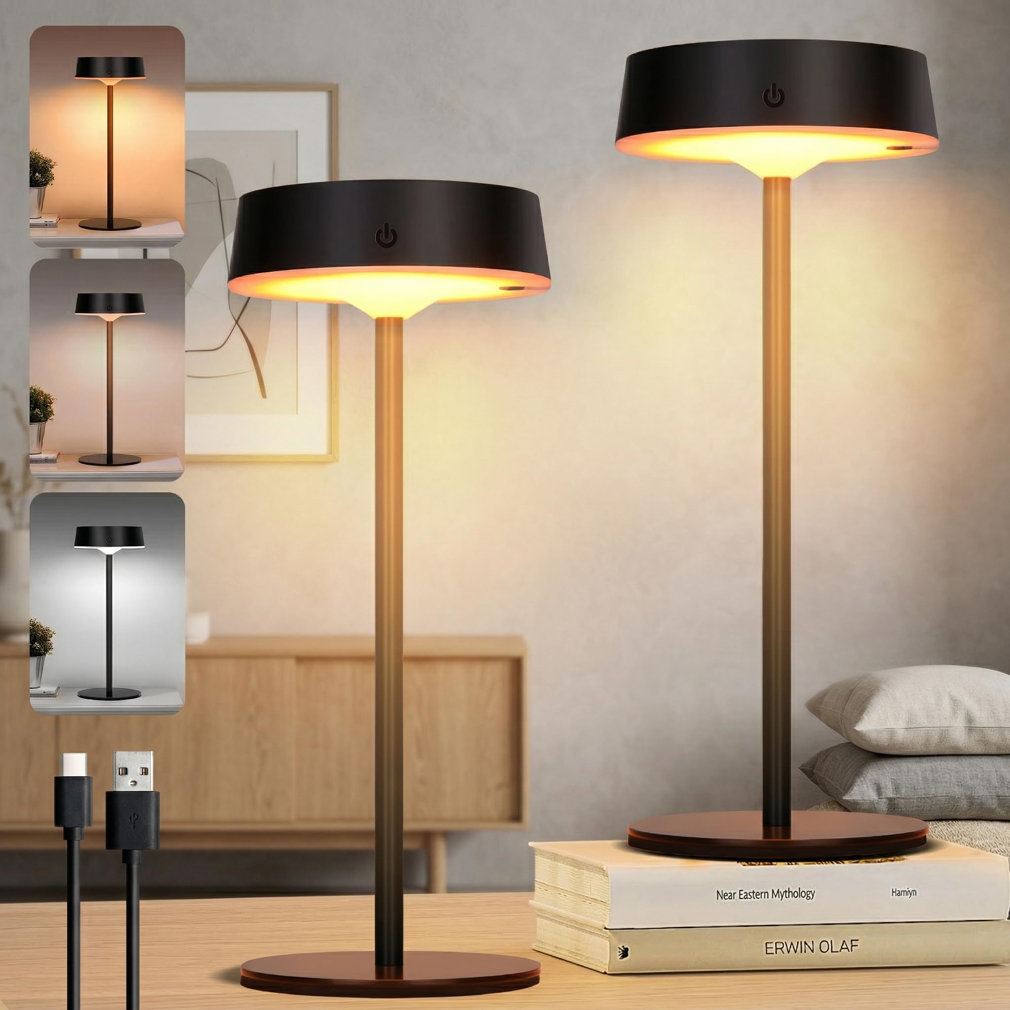 Rosnek Lámpara de mesa LED inalámbrica, solar para exteriores, lámpara de mesa para interruptor táctil, lámpara de mesa con batería USB, 3 temperaturas de color, regulable, para interior y exterior (2