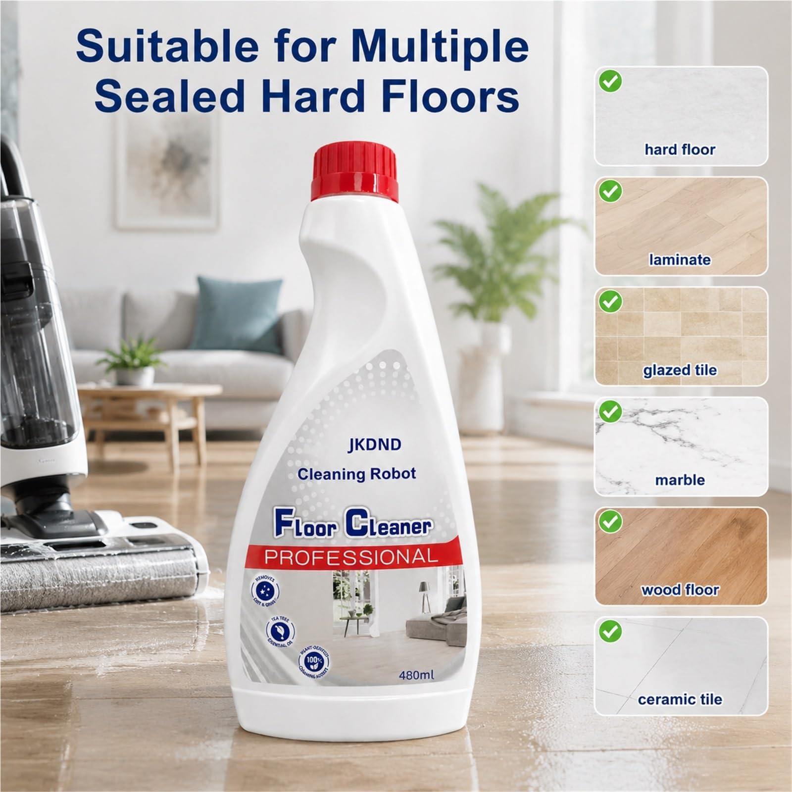 Ricarica Liquido Pulizia Pavimenti, Confezione Da 5, 480ML | Formula Vegetale A Bassa Schiuma, Rimozione Macchie Ad Alta Efficienza, Rapporto Di Diluizione 1:300, Compatibile con Roomba