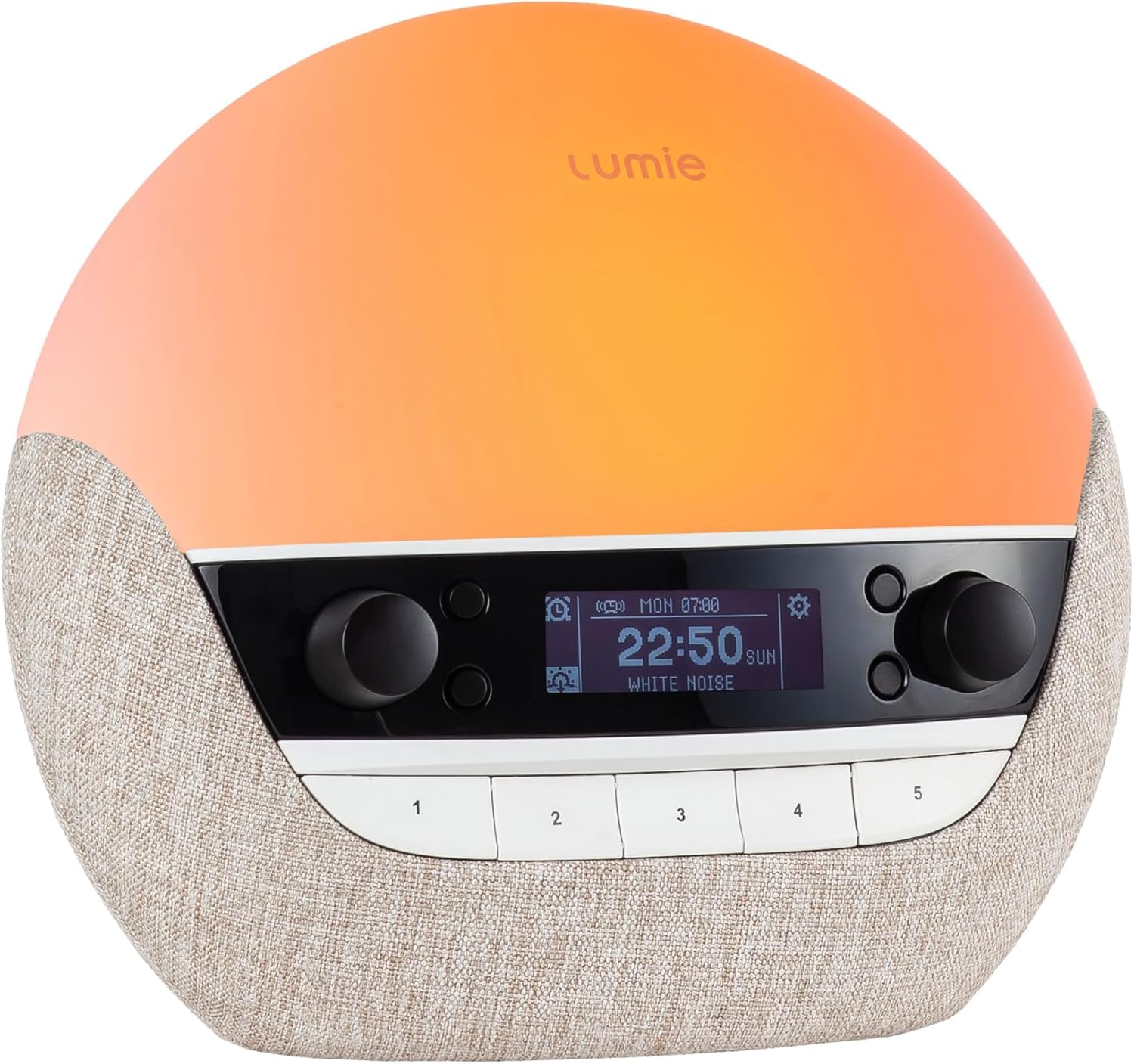 Lumie Bodyclock Luxe 700FM with orange light, simulating a gradual sunset