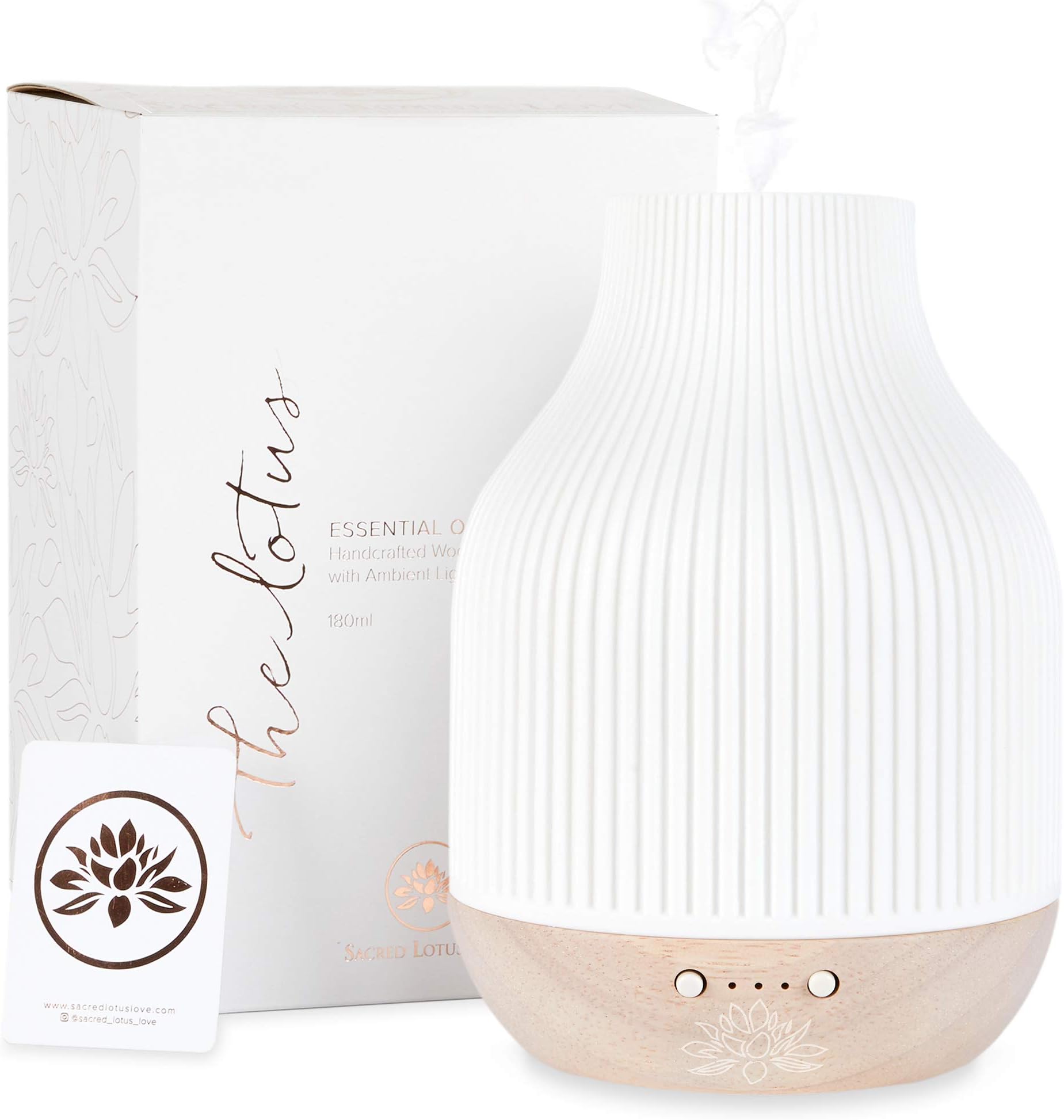 Ceramic Essential Oil Diffuser – Ultrasonic Aroma Diffuser with Wood Base, Ambient LED Light and Timer Settings