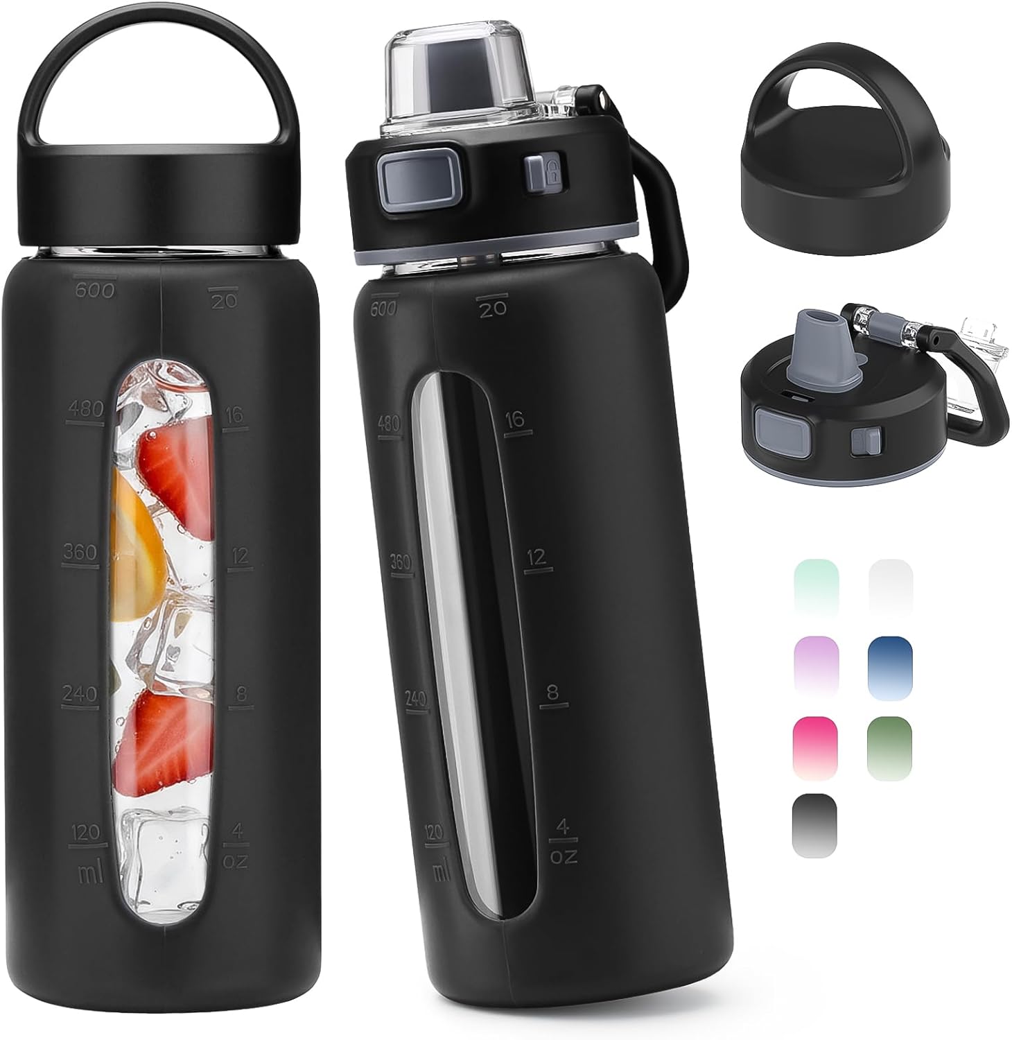 Kodrine 20oz Glass Water Bottle with Straw-2 Lids for Easy Carry, with Handle, Silicone Sleeve & Time Marker, Reusable Glass Drinking Bottle for Home,Office,Outdoors, Cupholder Friendly-Black