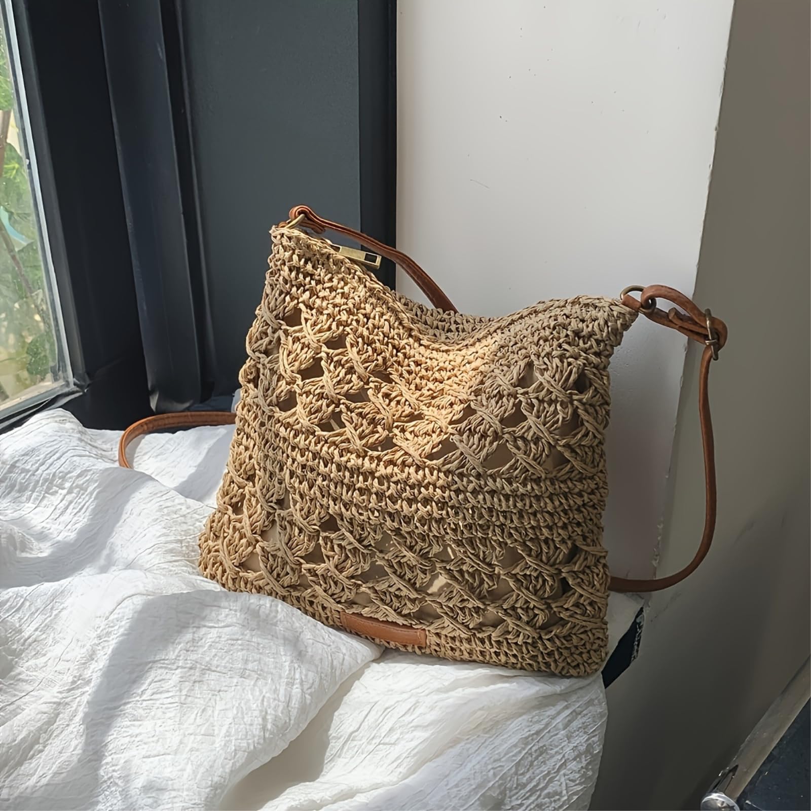 Borsa di Paglia Donna Crossbody in Papiro Elegante Fatta A Mano, Tracolla per La Spiaggia Estiva E Città delle Donne-Khaki