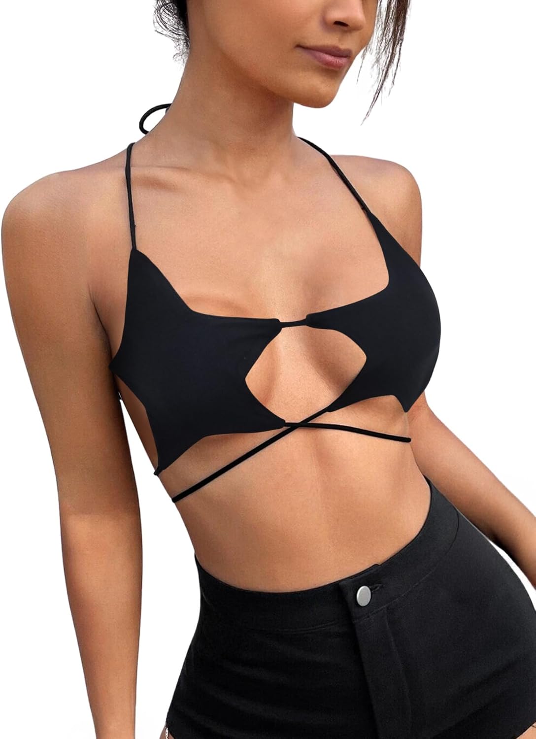 Rave Star Top for Women - Sexy Halter Crop Backless Bra Music Festival Crisscross Straps Concert Outfits